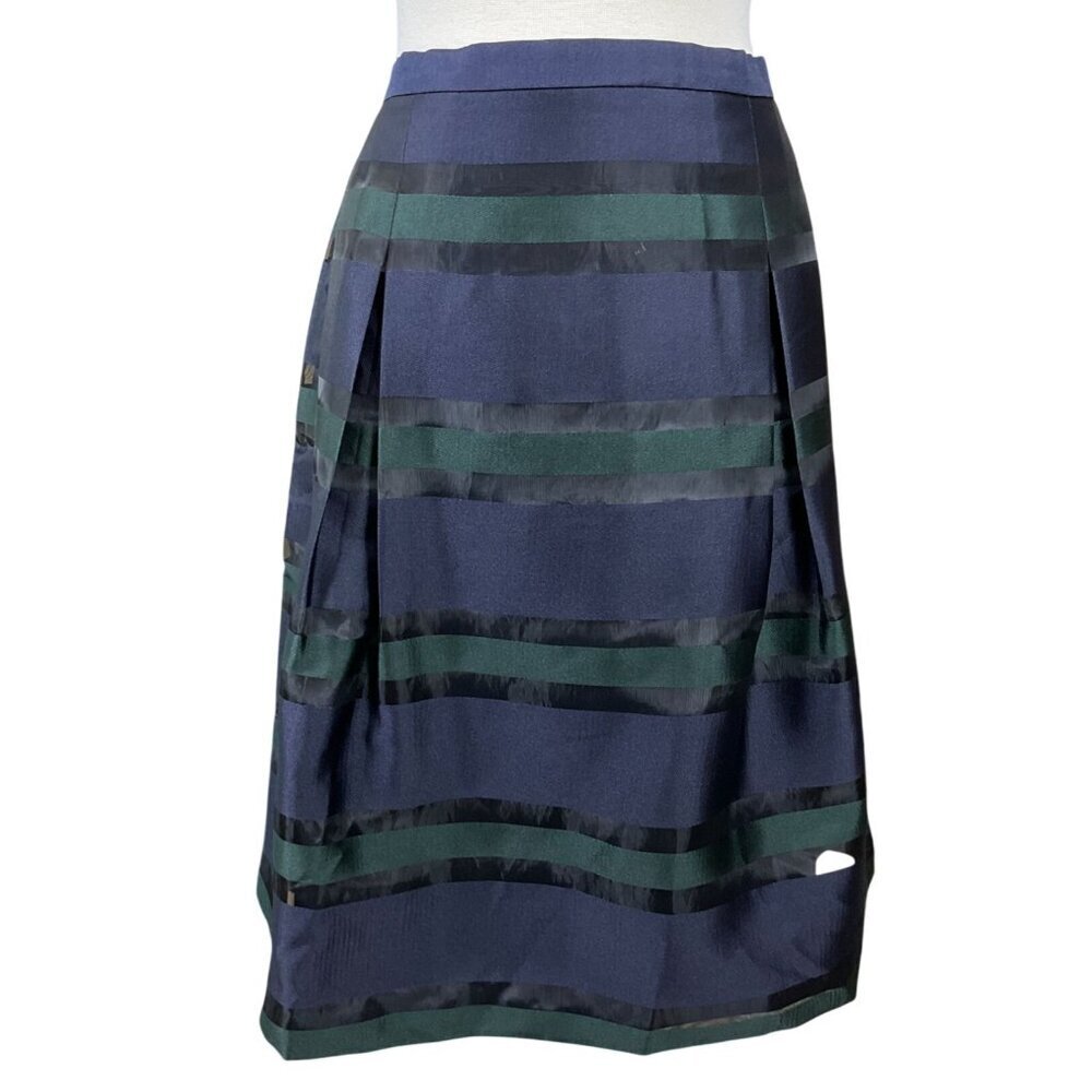 Talbots Womens Petite A-Line Striped Skirt Pleats Lined 12WP Navy Green Stripes